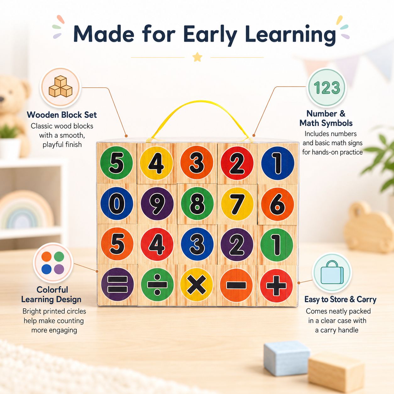 Wooden Number & Math Symbol Learning Blocks Set for Kids