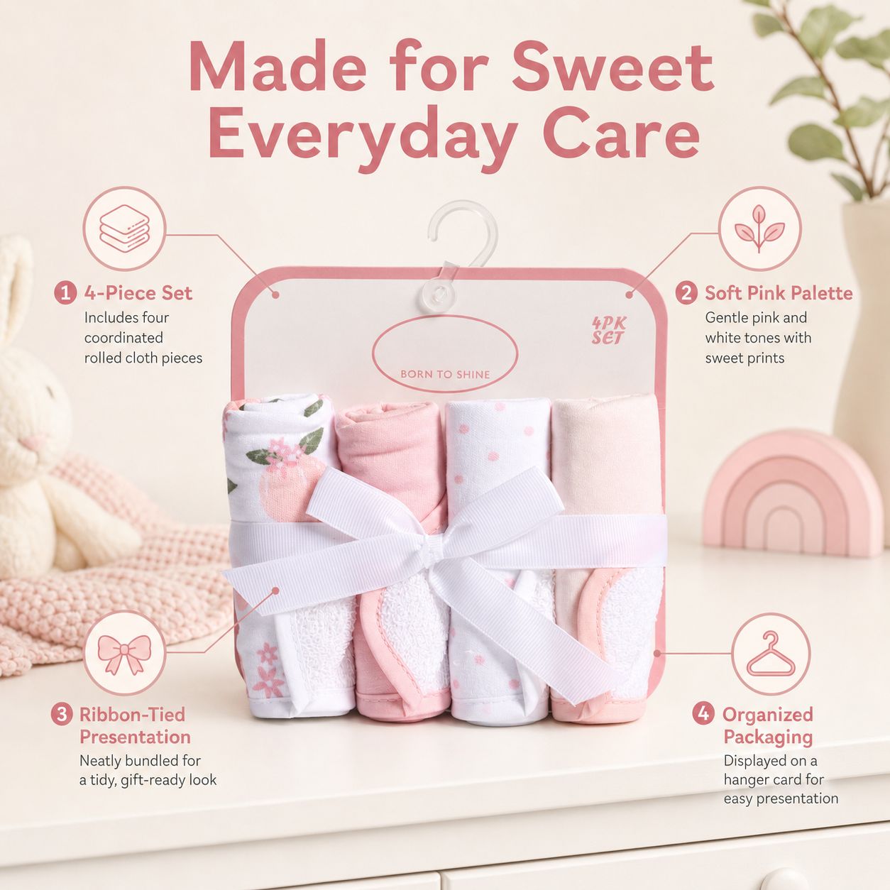 Snugly Baby 4 PCS Muslin Cotton Baby Washcloth & Face Towel Set Pink & White