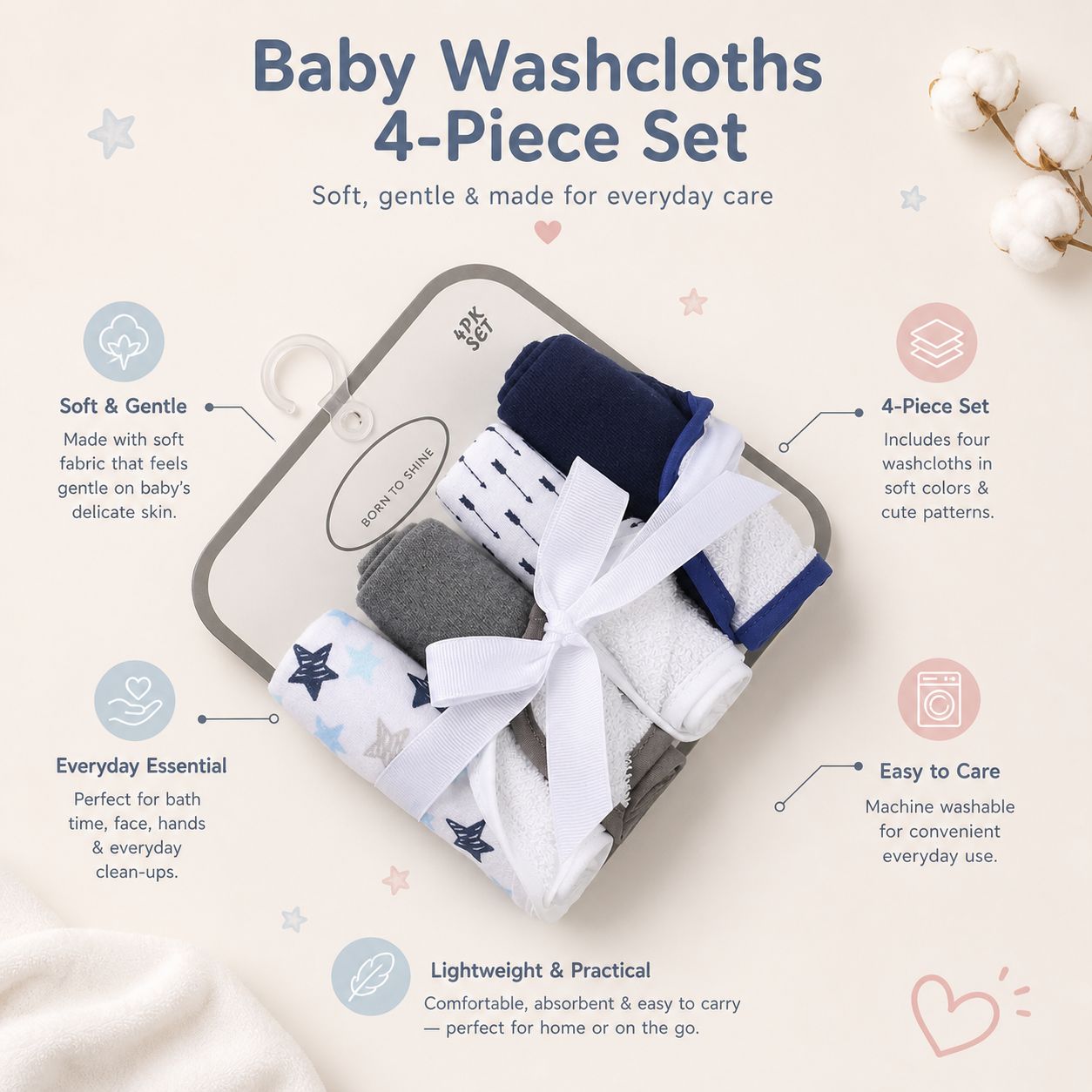 Baby 4 PCS Muslin Cotton Baby Washcloth Set Blue Grey & White