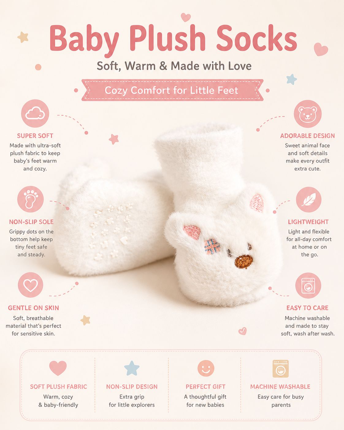Baby Plush Booties White & Pink Pack of 2