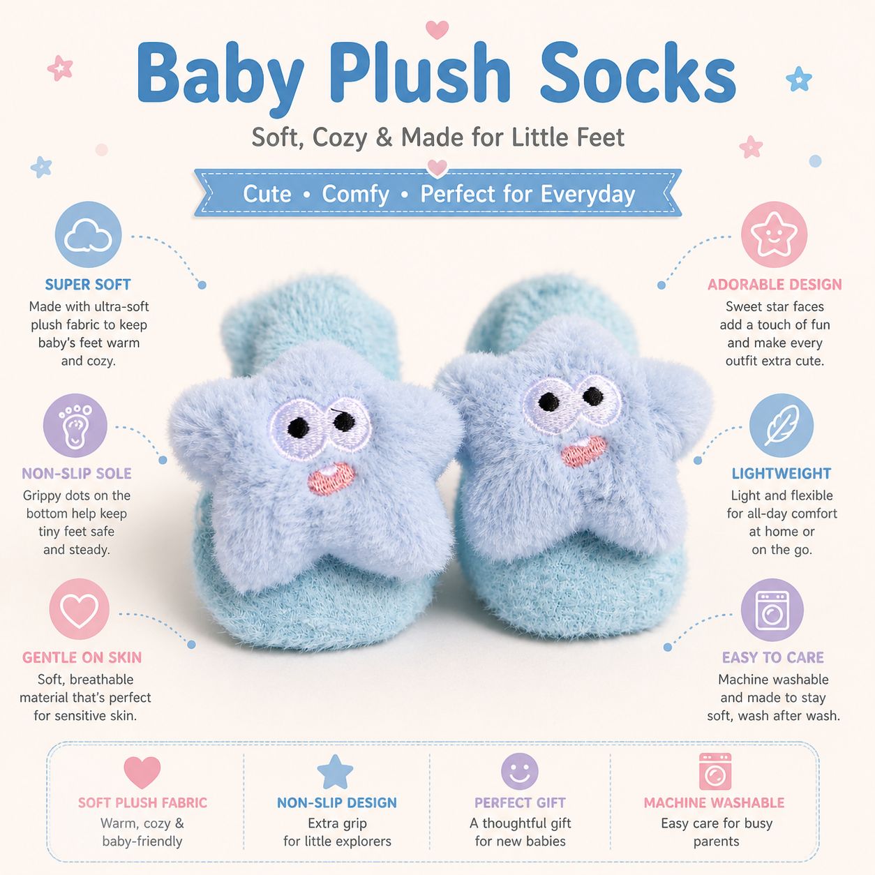 Baby Plush Booties for Newborn Boys & Girls Pack of 2 (Grey & Blue)