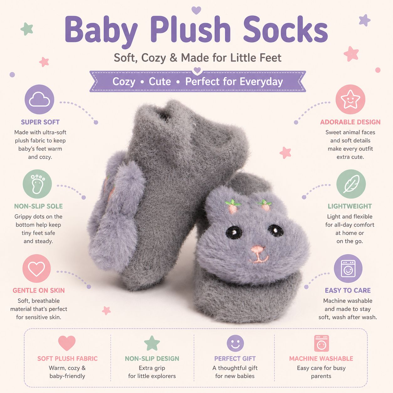 Baby Plush Booties for Newborn Boys & Girls Pack of 2 (Grey & Blue)