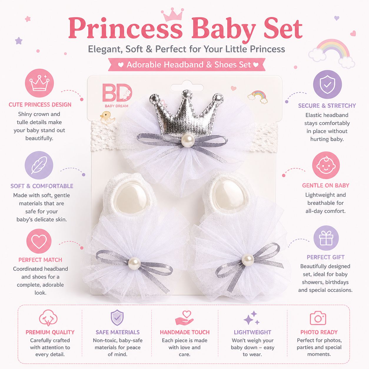 Baby Flower Hairband & Shoes Set (White) for Newborn Baby Girls
