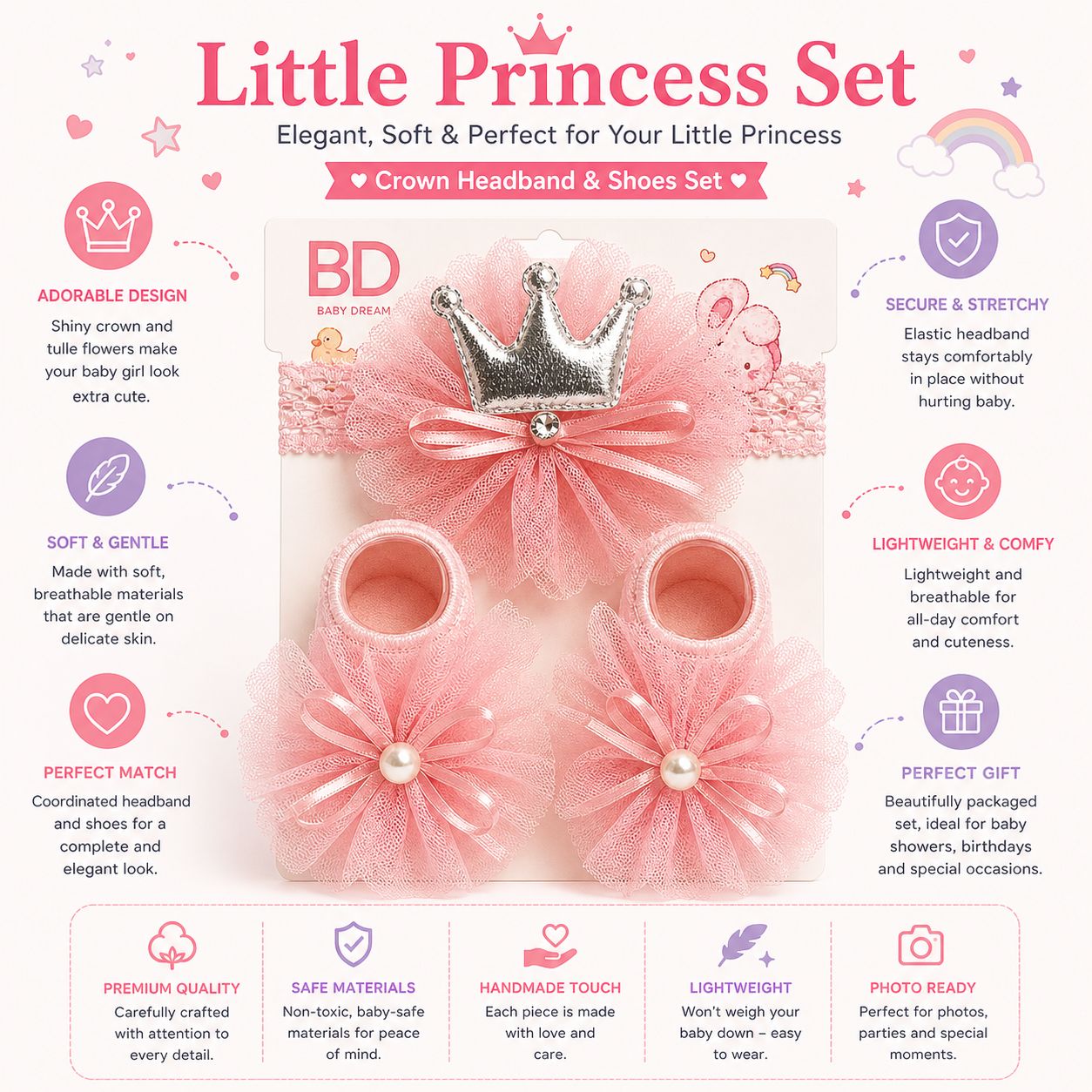 Baby Flower Hairband & Shoes Set (Pink) for Newborn Baby Girls