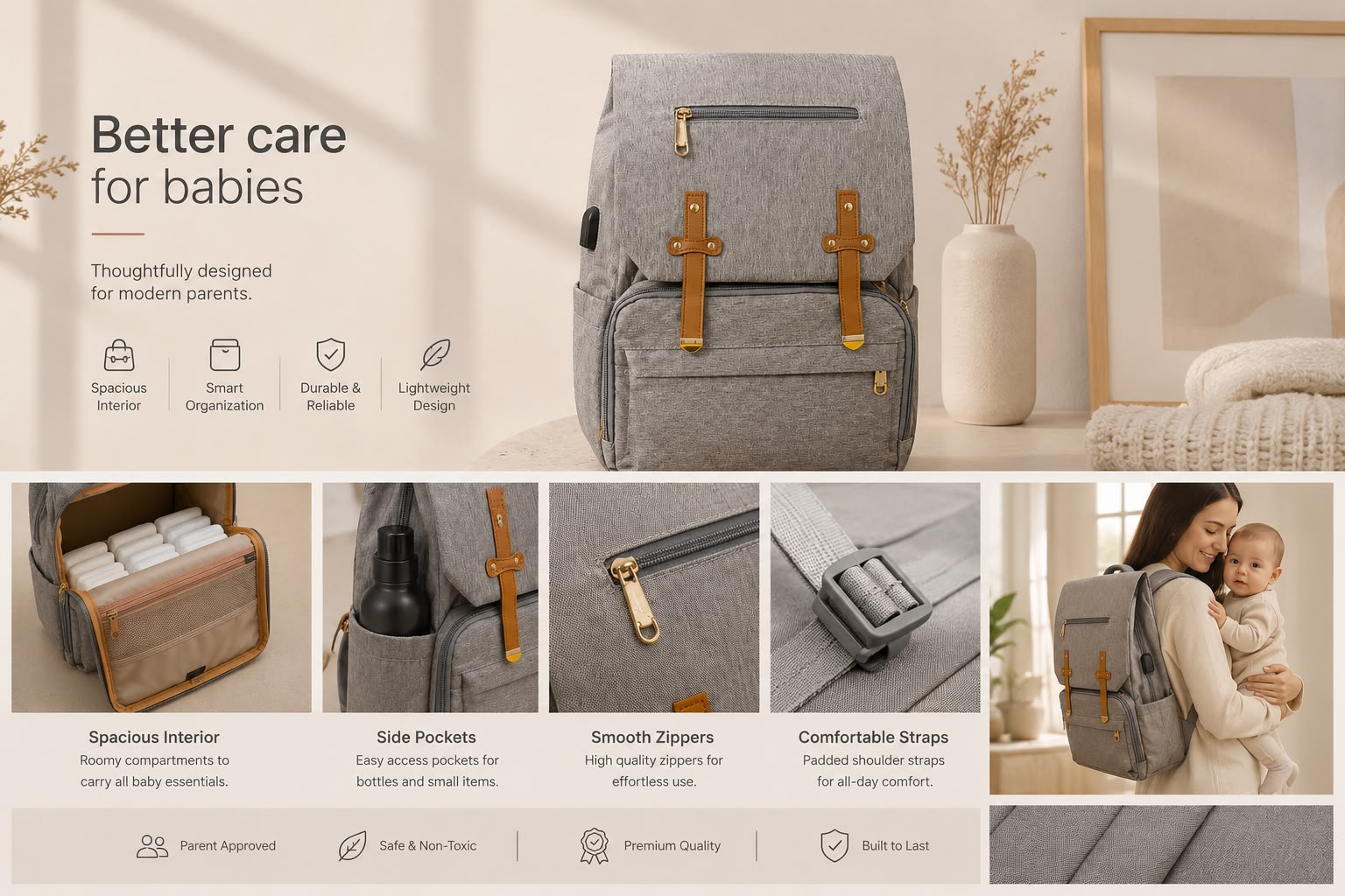 Premium Baby Diaper Backpack | Large Capacity | Waterproof | USB Charging Port | Multi-Functional Travel Nappy Bag (Grey)