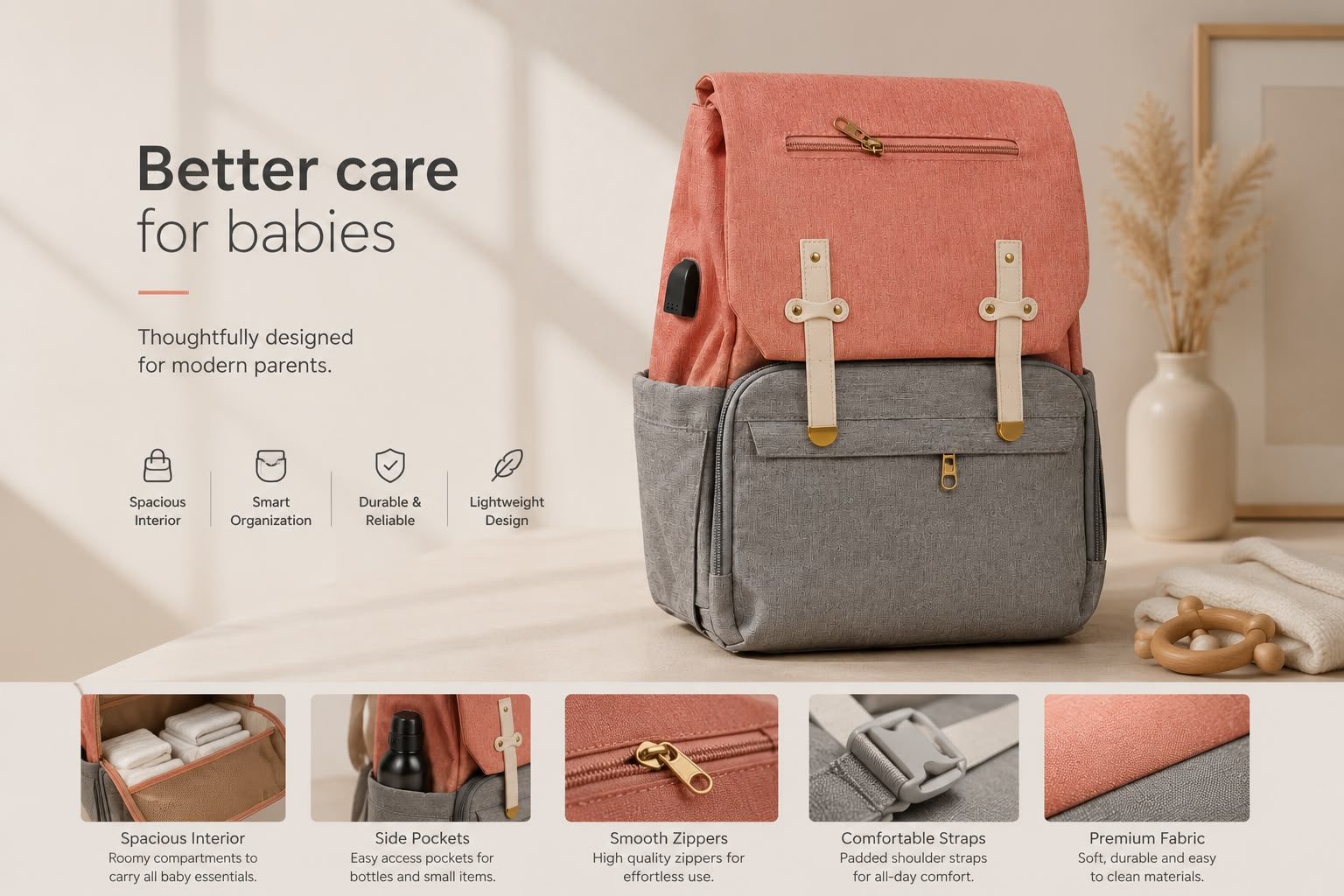 Premium Baby Diaper Backpack | Coral Pink & Grey | Waterproof | Large Capacity | USB Charging Port | Multi-Functional Travel Nappy Bag