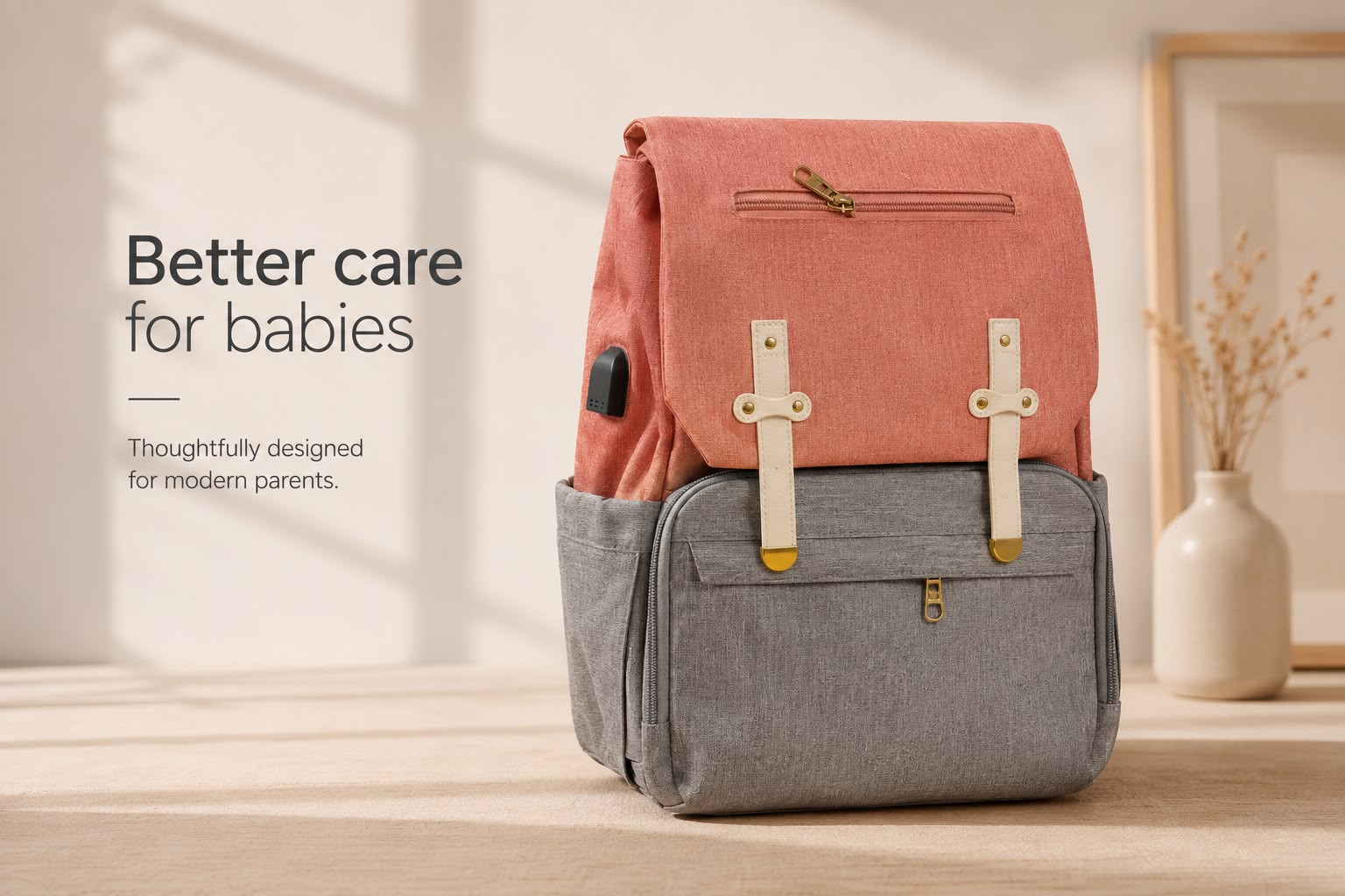 Premium Baby Diaper Backpack | Coral Pink & Grey | Waterproof | Large Capacity | USB Charging Port | Multi-Functional Travel Nappy Bag