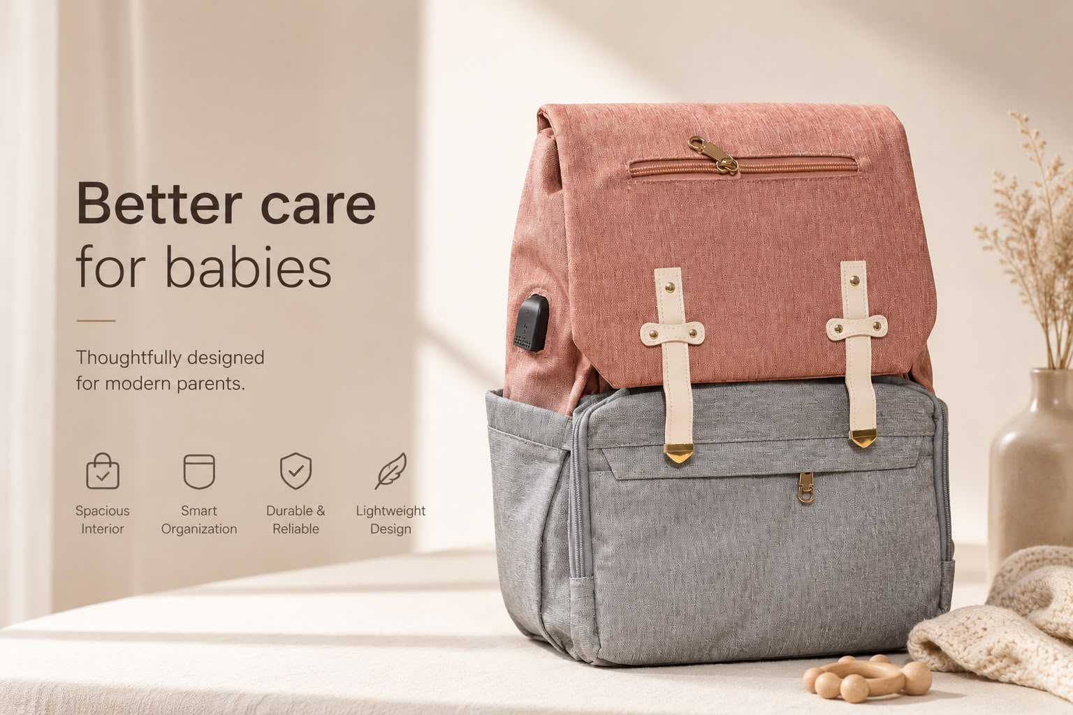 Premium Baby Diaper Backpack | Coral Pink & Grey | Waterproof | Large Capacity | USB Charging Port | Multi-Functional Travel Nappy Bag